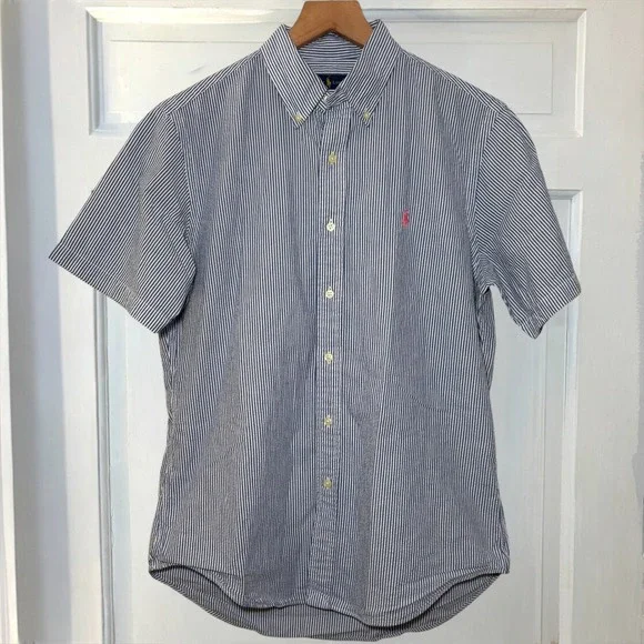 Ralph Lauren Seersucker Blue Striped  Mens Medium Short Sleeve Button Down Shirt - Picture 4 of 7